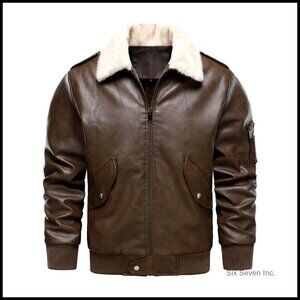 Faux Leather Aviator Bomber Jacket with Fur Collar Fleece Lined Vintage Biker